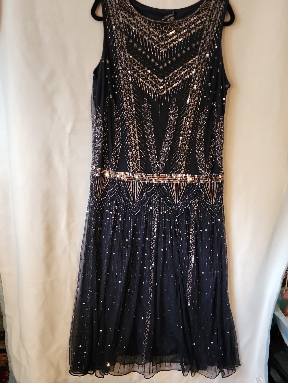 Pisarro Nights Navy Beaded Midi Dress with Sequin Accents. Size 16W